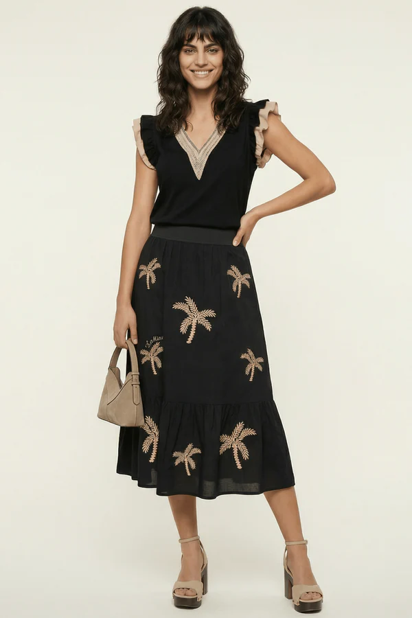 Falda negra larga bordado palmeras con goma Lolitas&L