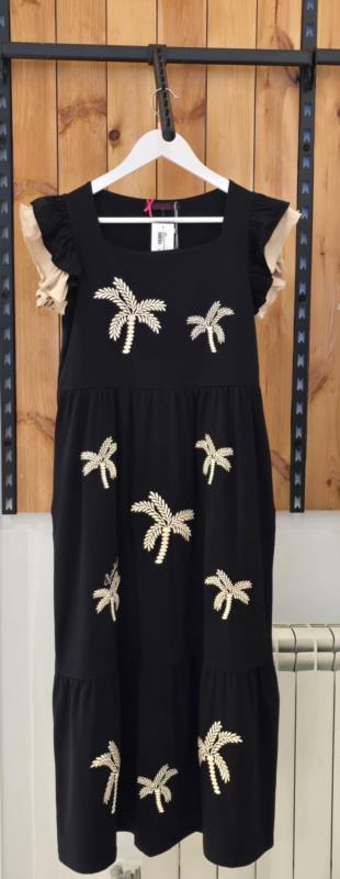 Vestido negro largo con palmeras bordadas y volantes Lolitas&L